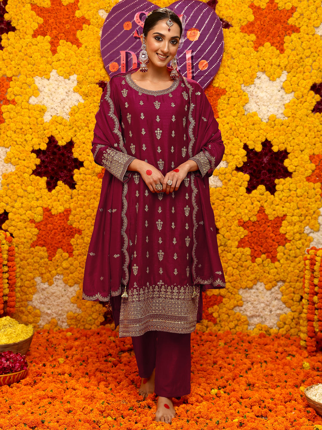 Pink Embroidered Chinon Straight Suit Set With Dupatta