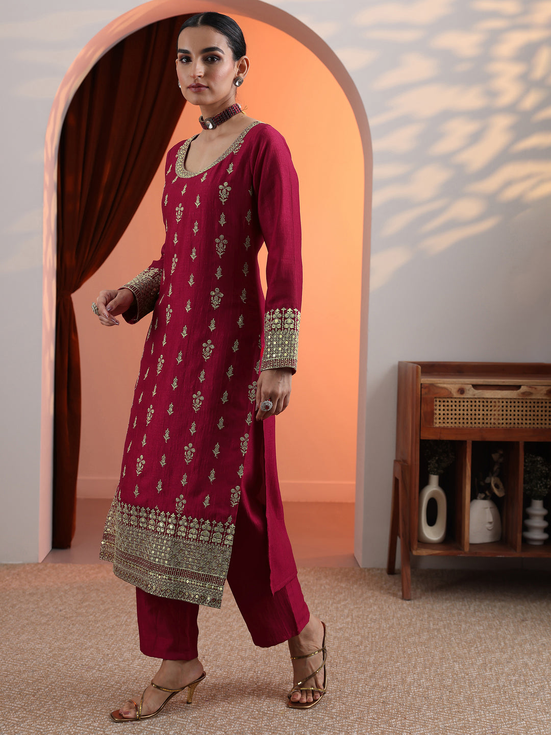 Pink Embroidered Chinon Straight Suit Set With Dupatta