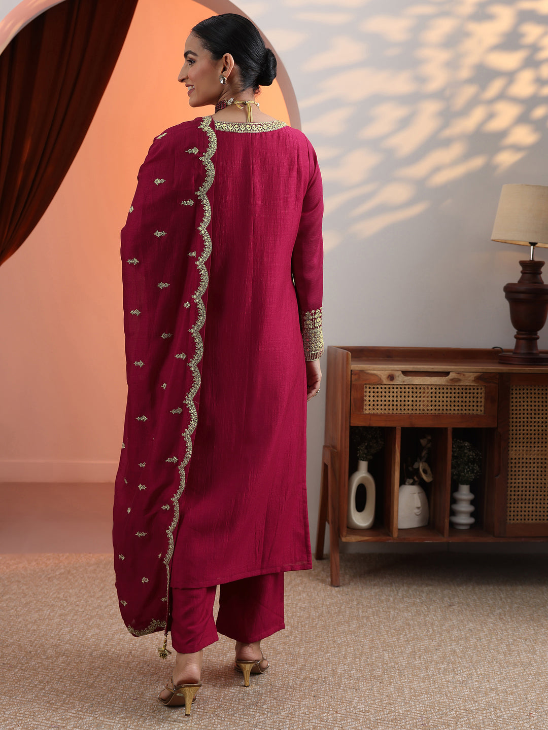 Pink Embroidered Chinon Straight Suit Set With Dupatta