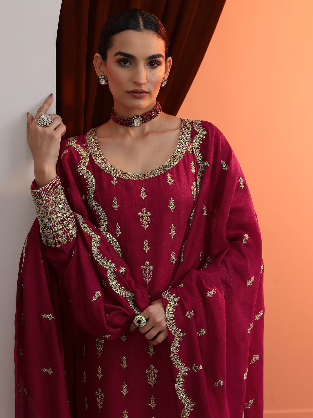 Pink Embroidered Chinon Straight Suit Set With Dupatta