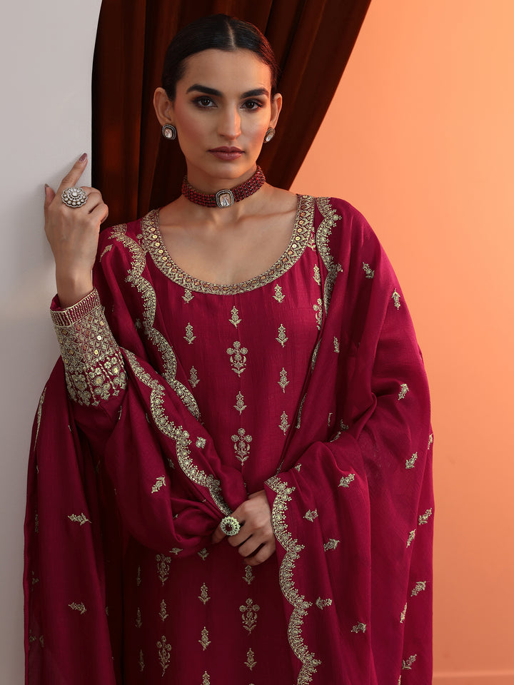 Pink Embroidered Chinon Straight Suit Set With Dupatta