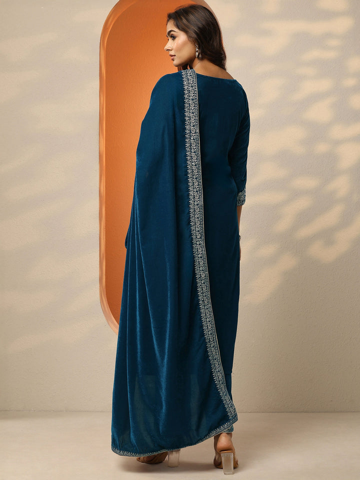 Blue Yoke Design Velvet A-Line Suit Set With Dupatta
