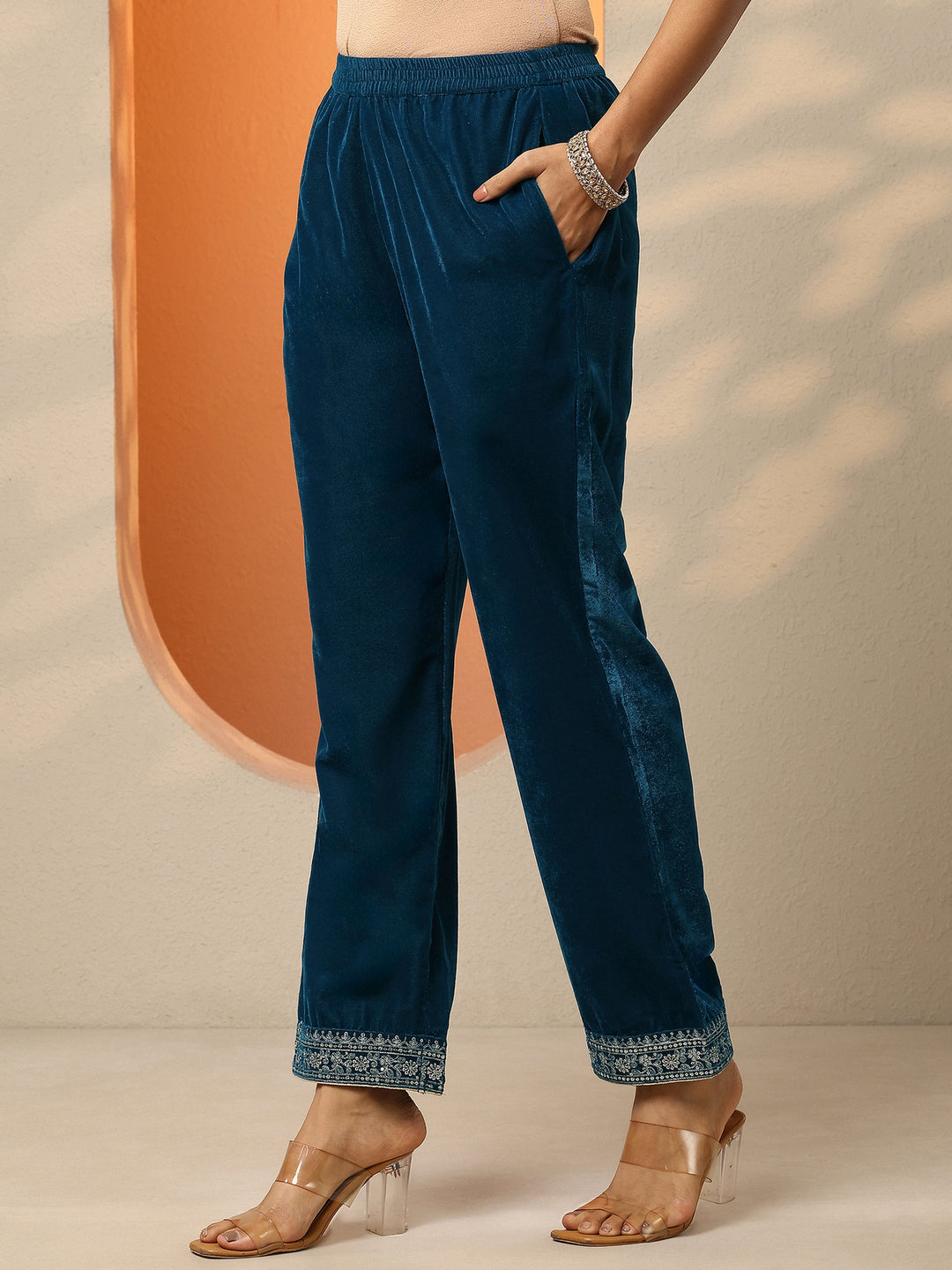Blue Yoke Design Velvet A-Line Suit Set With Dupatta