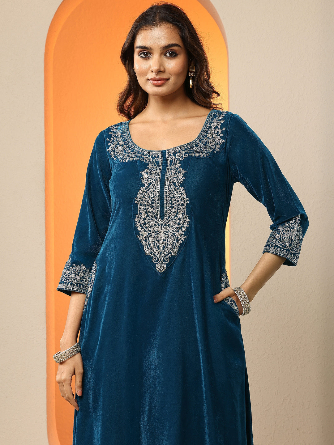Blue Yoke Design Velvet A-Line Suit Set With Dupatta