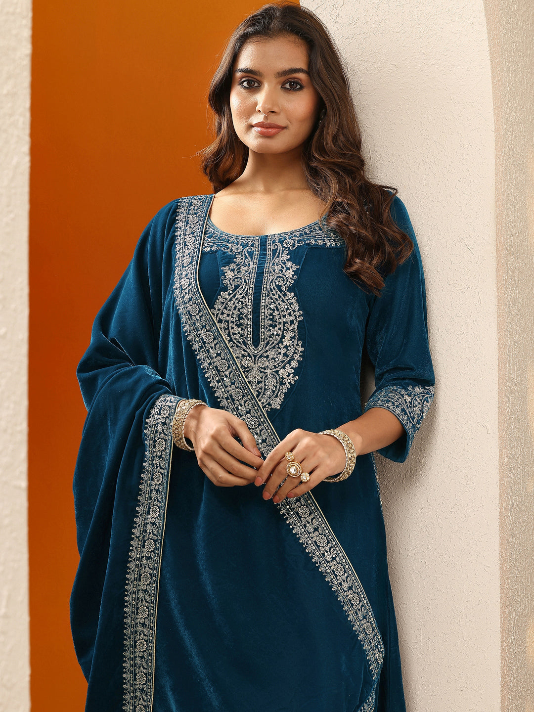Blue Yoke Design Velvet A-Line Suit Set With Dupatta