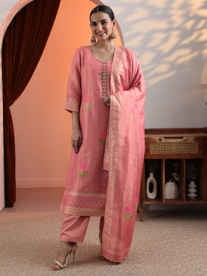 Peach Woven Design Silk Blend Straight Suit Set With Dupatta
