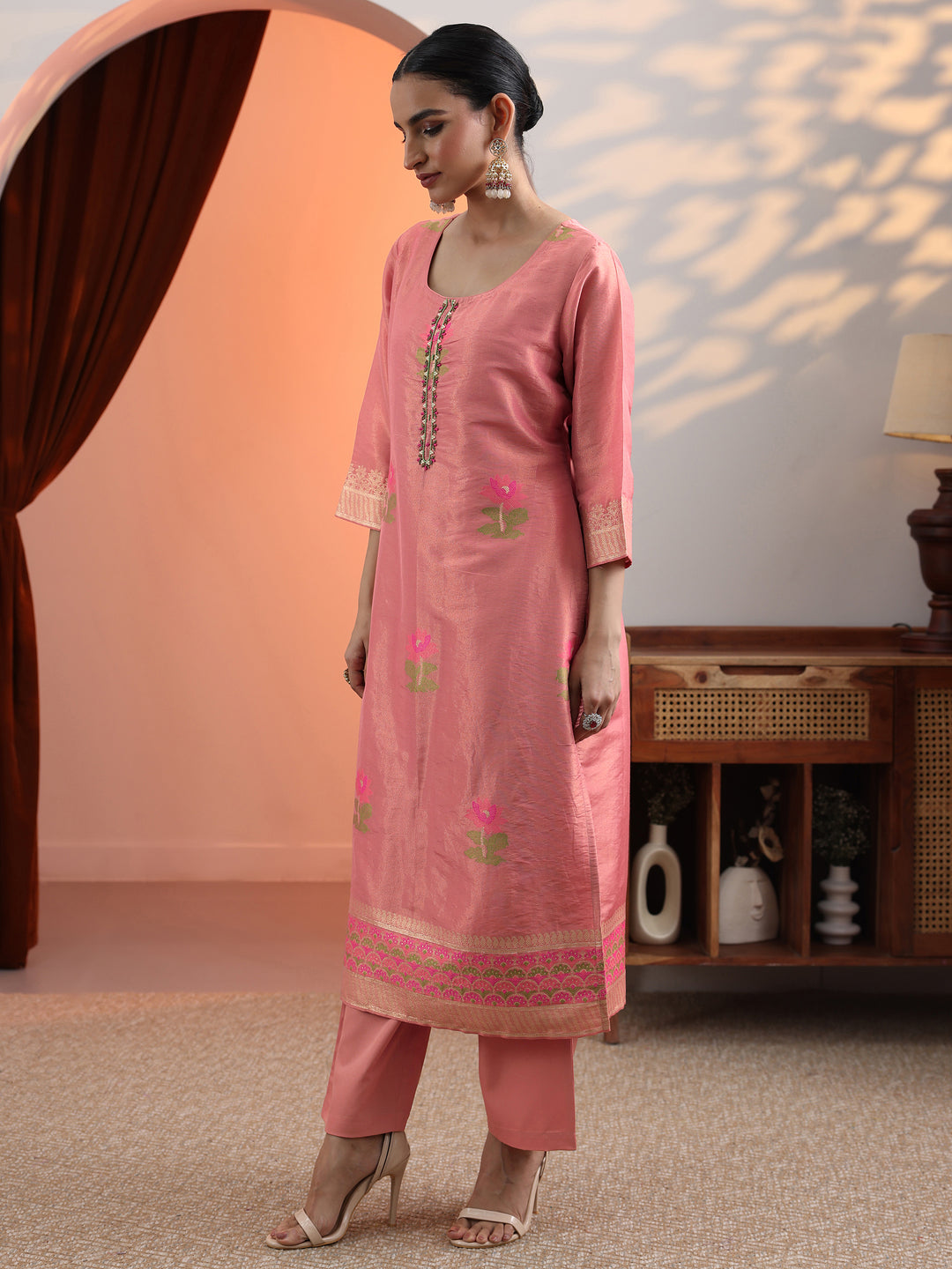 Peach Woven Design Silk Blend Straight Suit Set With Dupatta