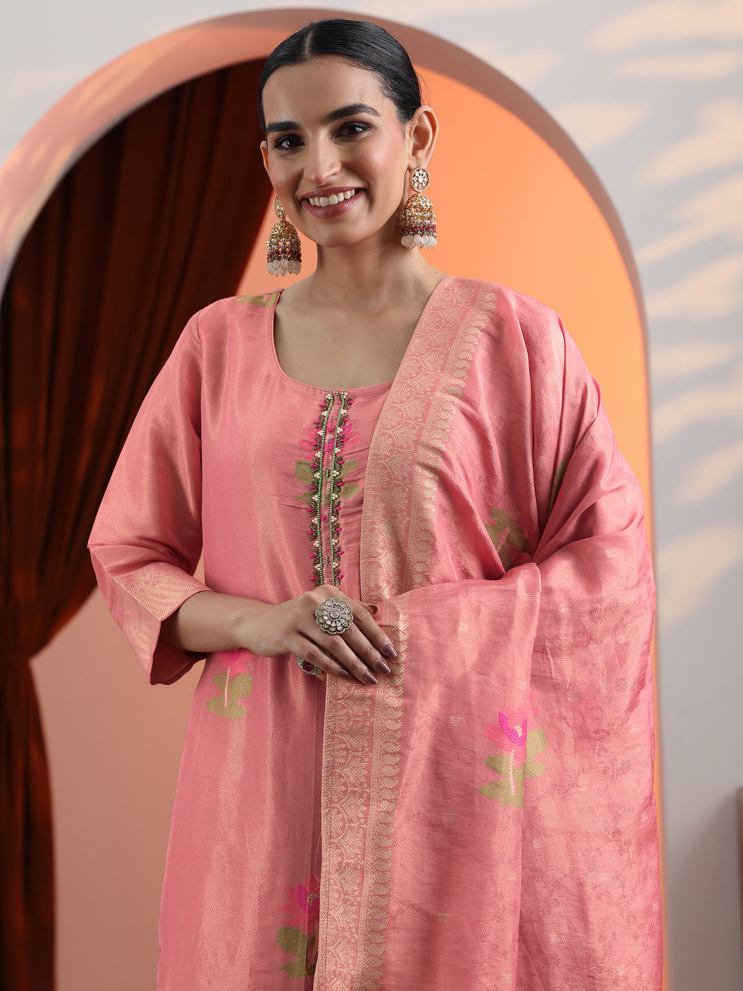 Peach Woven Design Silk Blend Straight Suit Set With Dupatta