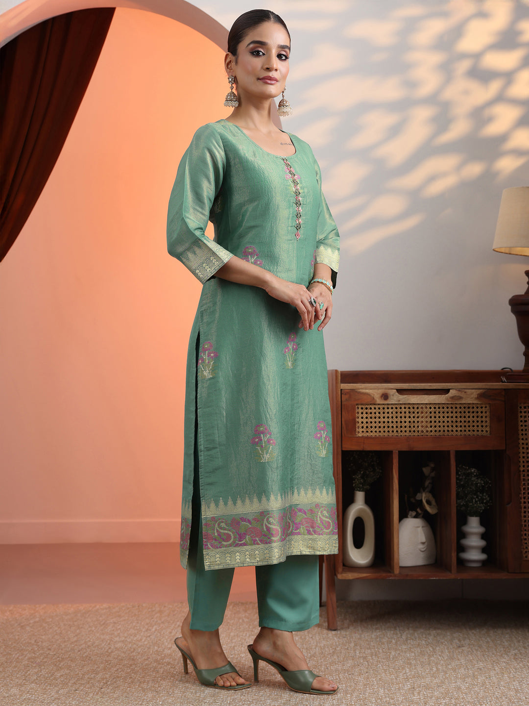 Green Woven Design Silk Blend Straight Suit Set With Dupatta