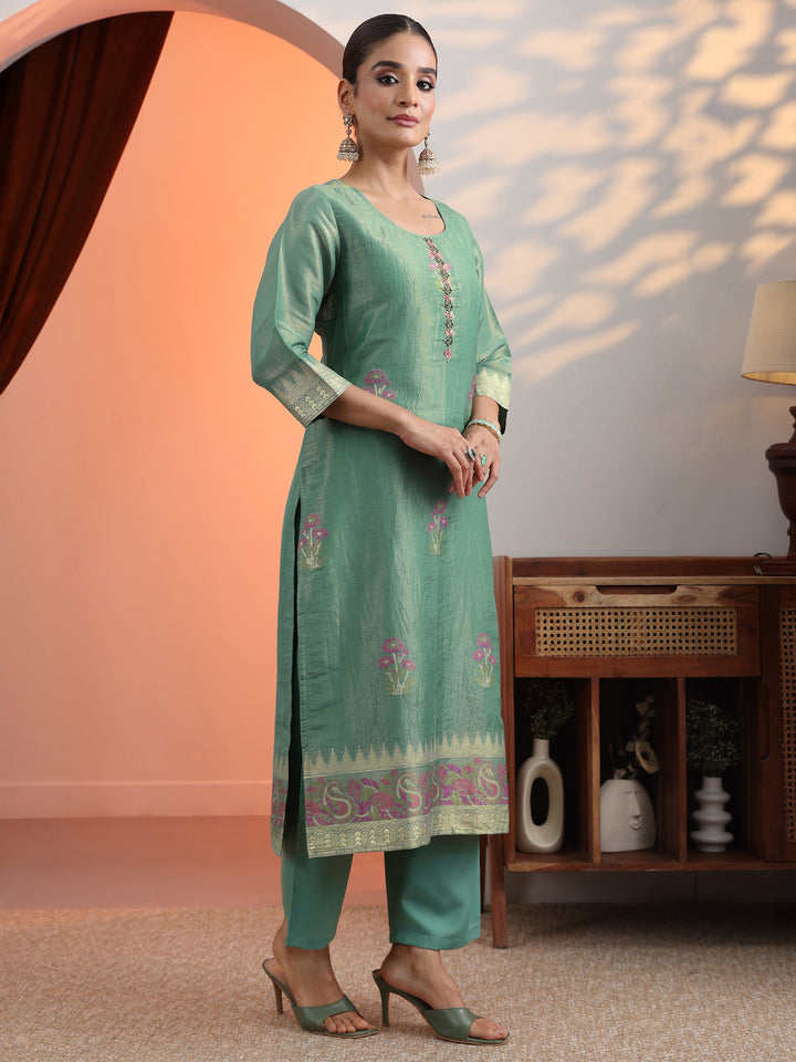 Green Woven Design Silk Blend Straight Suit Set With Dupatta