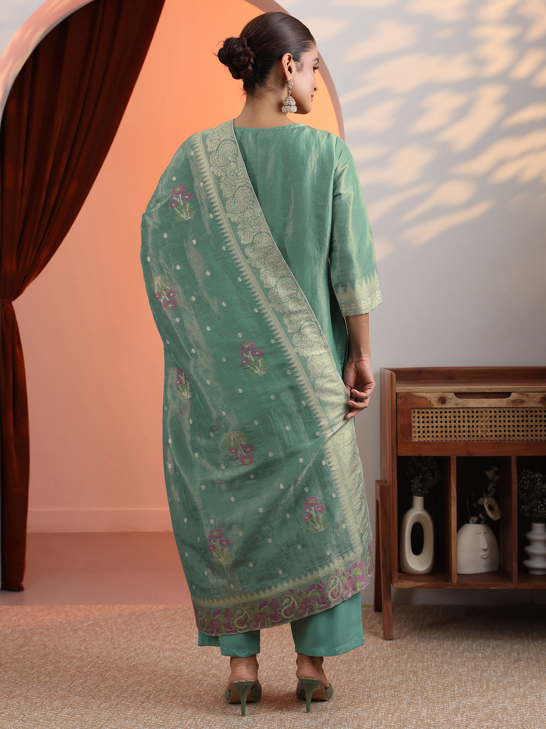 Green Woven Design Silk Blend Straight Suit Set With Dupatta
