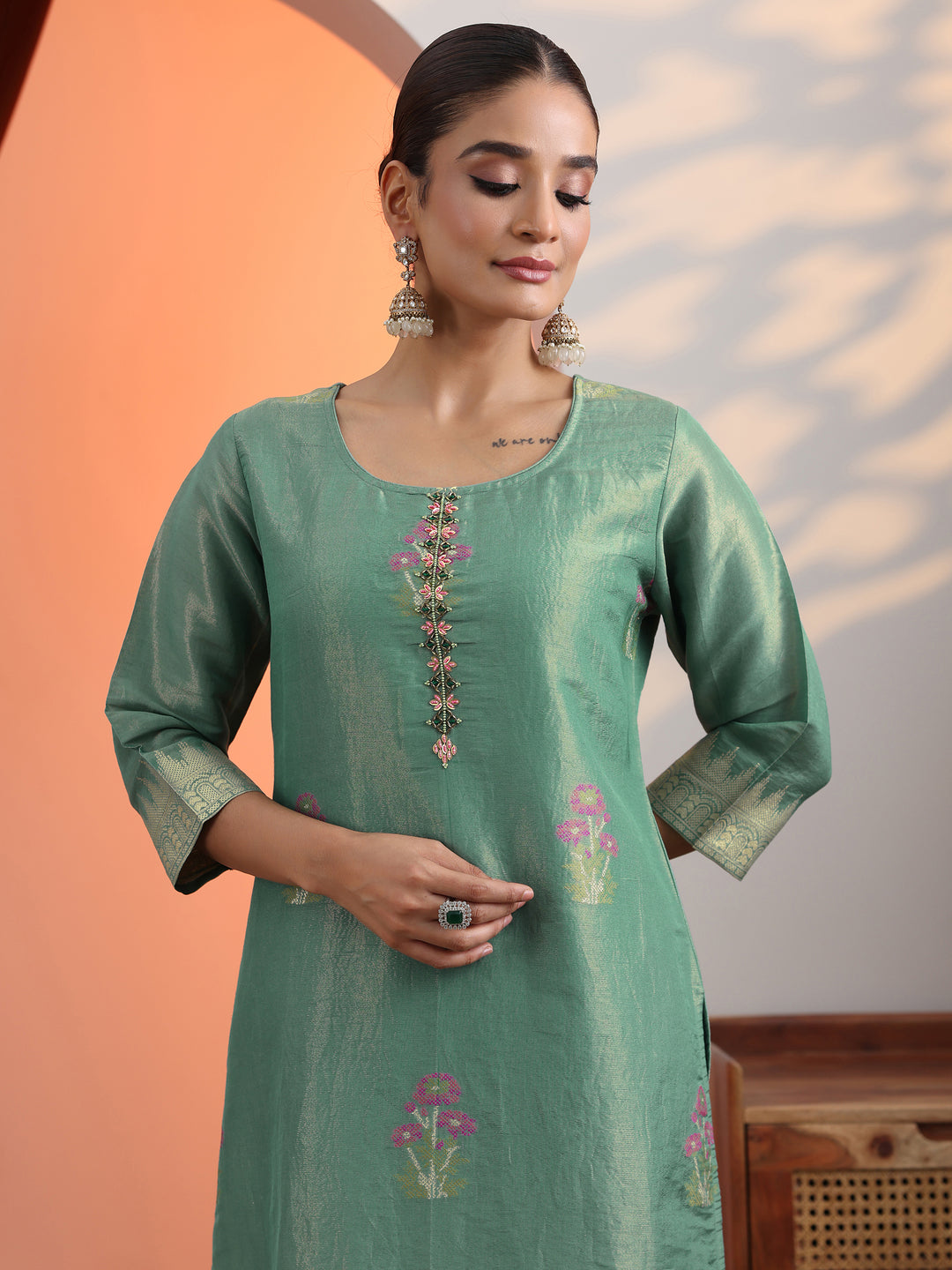 Green Woven Design Silk Blend Straight Suit Set With Dupatta