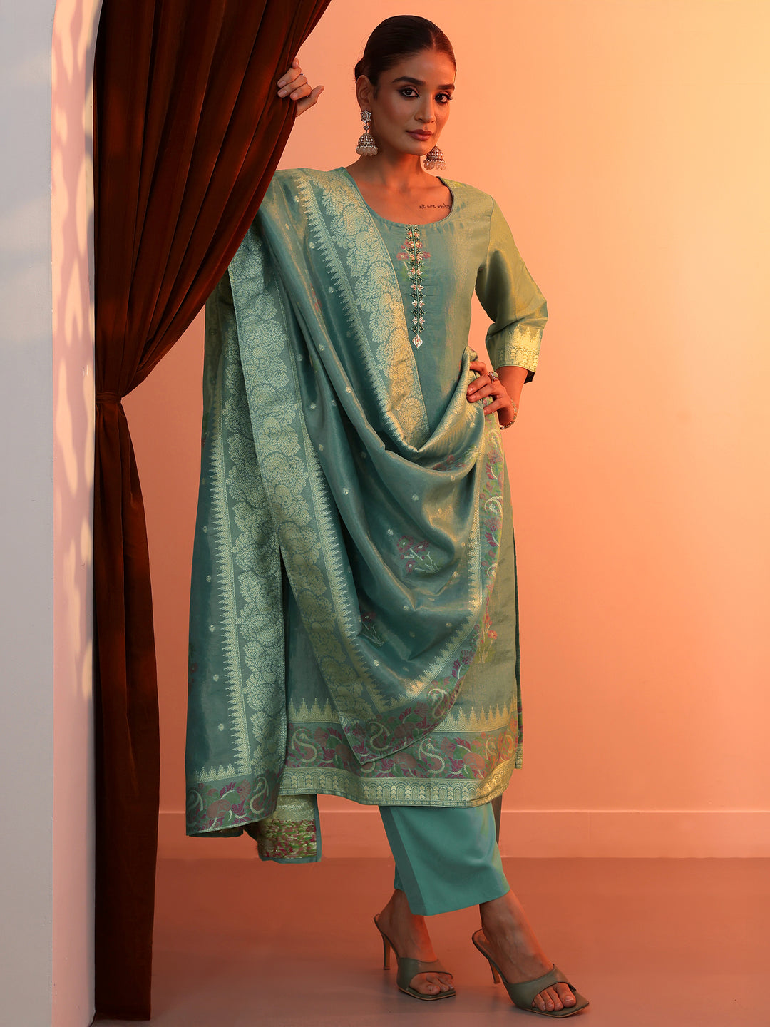Green Woven Design Silk Blend Straight Suit Set With Dupatta