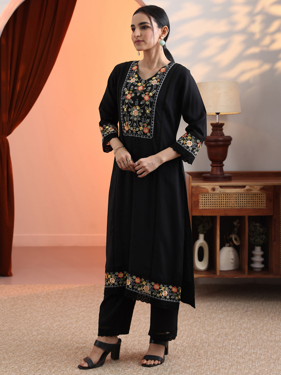 Black Embroidered Silk Blend Straight Suit Set With Dupatta