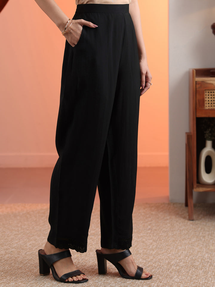 Black Embroidered Silk Blend Straight Suit Set With Dupatta