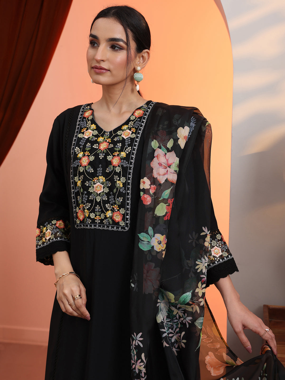 Black Embroidered Silk Blend Straight Suit Set With Dupatta