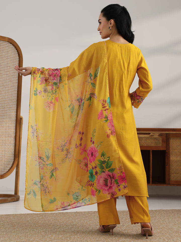 Mustard Embroidered Silk Blend Straight Suit Set With Dupatta