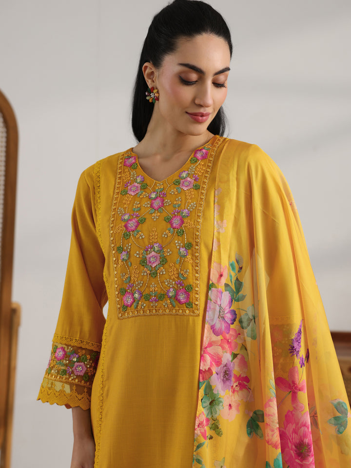 Mustard Embroidered Silk Blend Straight Suit Set With Dupatta