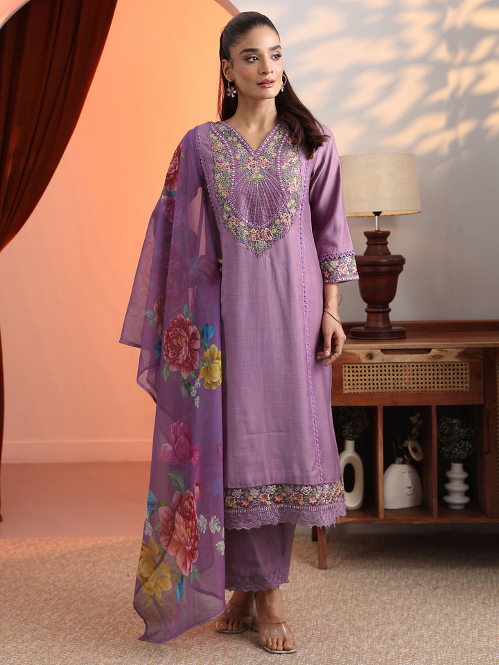 Lavender Embroidered Silk Blend A-Line Suit Set With Dupatta
