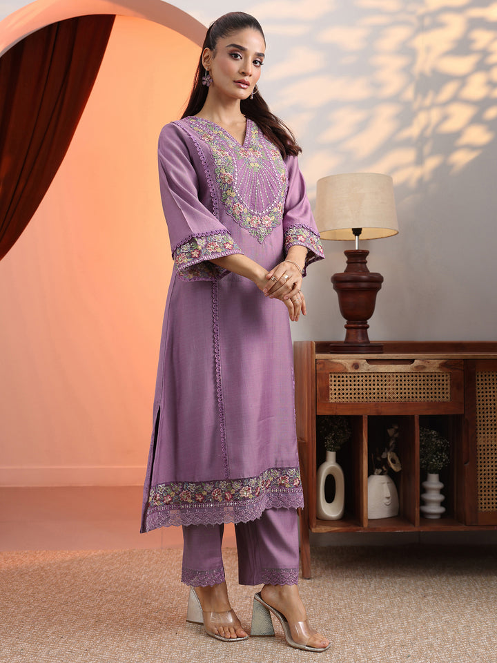 Lavender Embroidered Silk Blend A-Line Suit Set With Dupatta