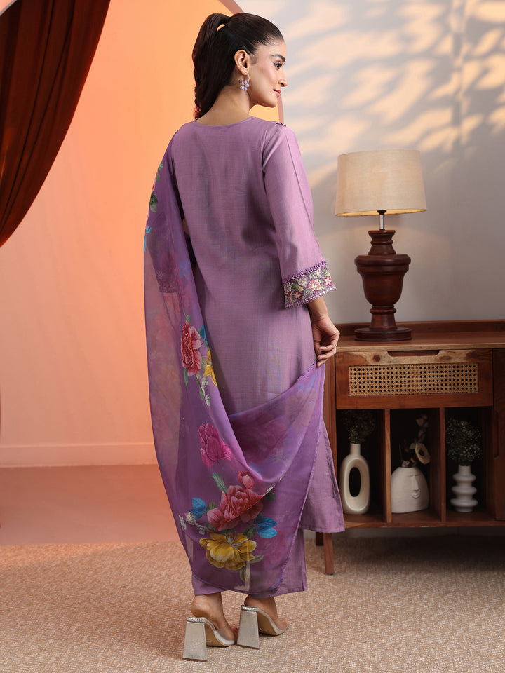Lavender Embroidered Silk Blend A-Line Suit Set With Dupatta