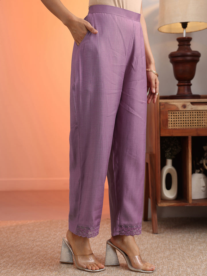 Lavender Embroidered Silk Blend A-Line Suit Set With Dupatta