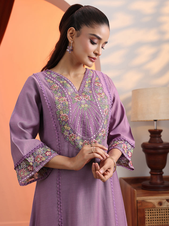 Lavender Embroidered Silk Blend A-Line Suit Set With Dupatta