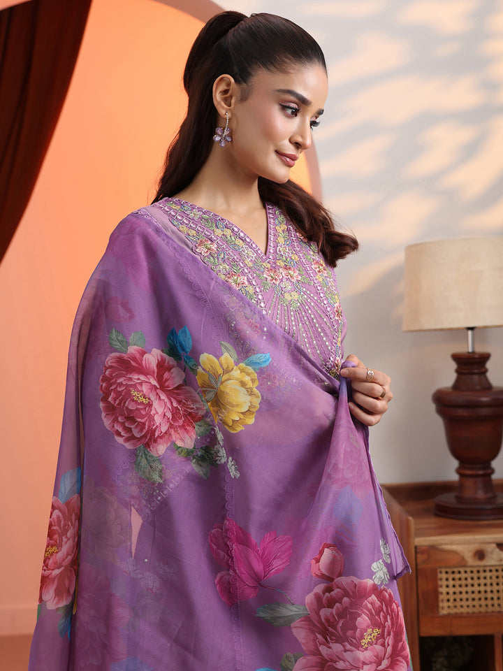 Lavender Embroidered Silk Blend A-Line Suit Set With Dupatta