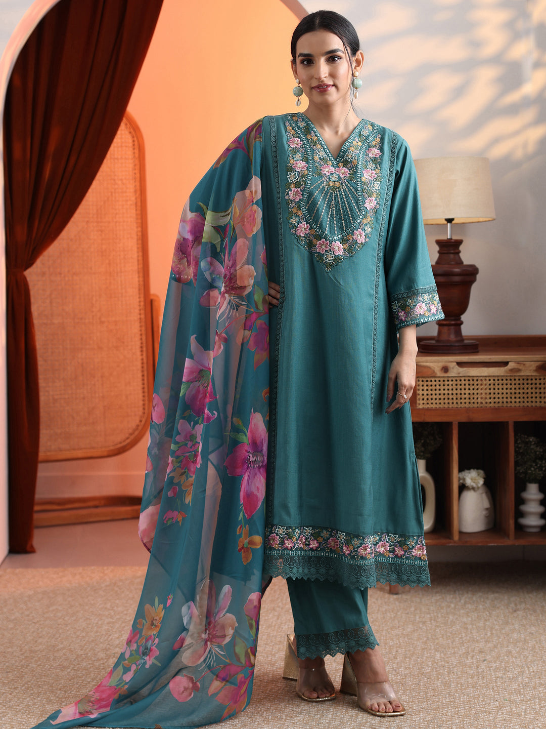 Blue Embroidered Silk Blend A-Line Suit Set With Dupatta