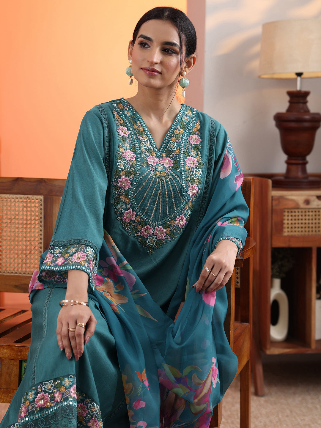 Blue Embroidered Silk Blend A-Line Suit Set With Dupatta