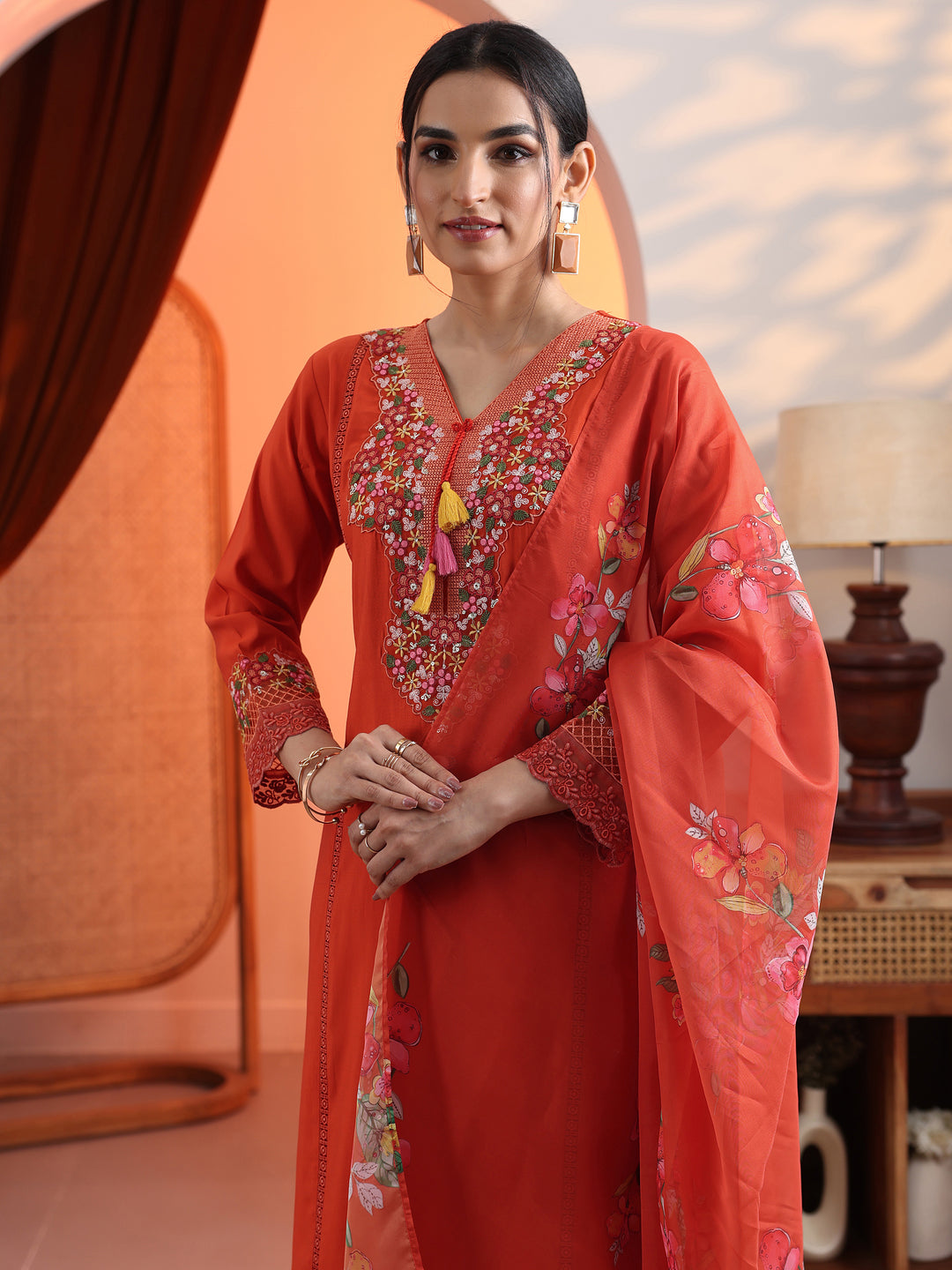 Orange Embroidered Silk Blend Straight Suit Set With Dupatta