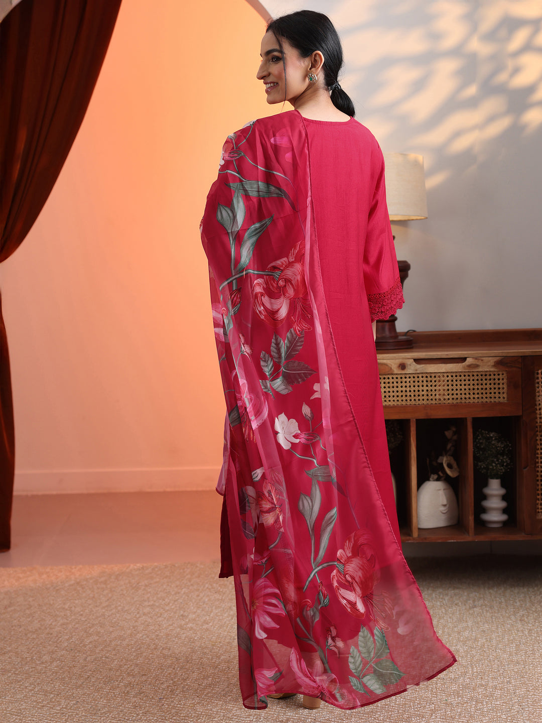 Red Embroidered Silk Blend A-Line Suit Set With Dupatta