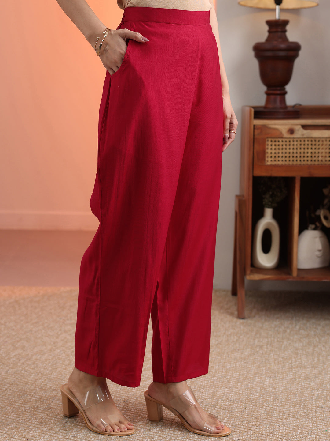 Red Embroidered Silk Blend A-Line Suit Set With Dupatta