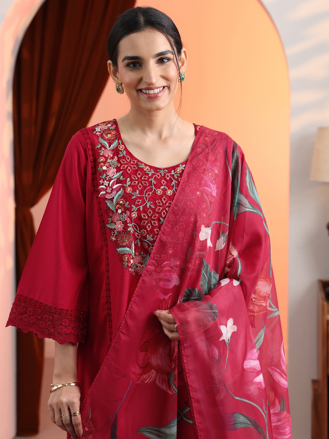 Red Embroidered Silk Blend A-Line Suit Set With Dupatta