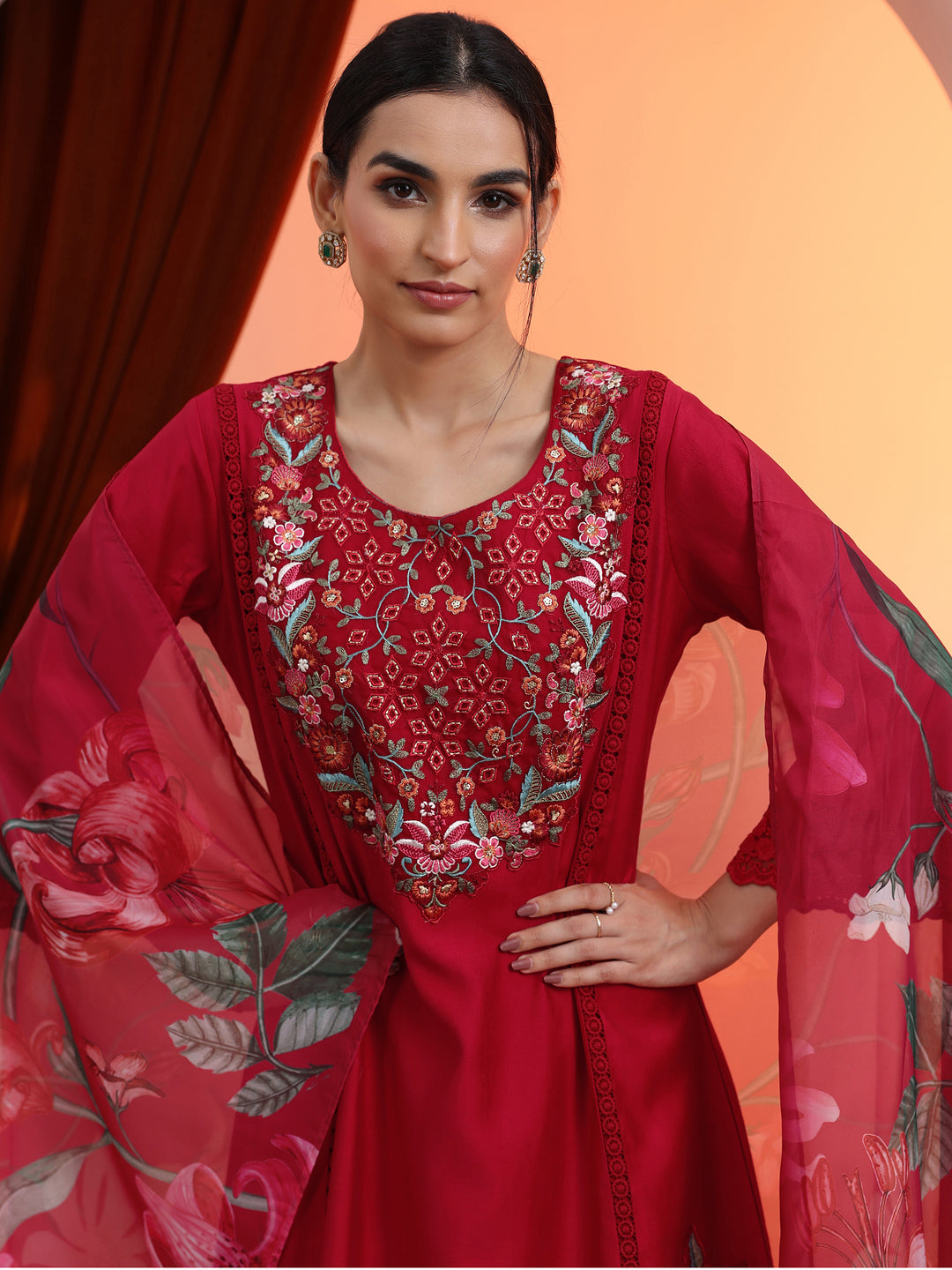 Red Embroidered Silk Blend A-Line Suit Set With Dupatta