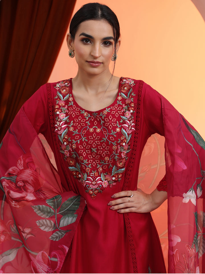 Red Embroidered Silk Blend A-Line Suit Set With Dupatta