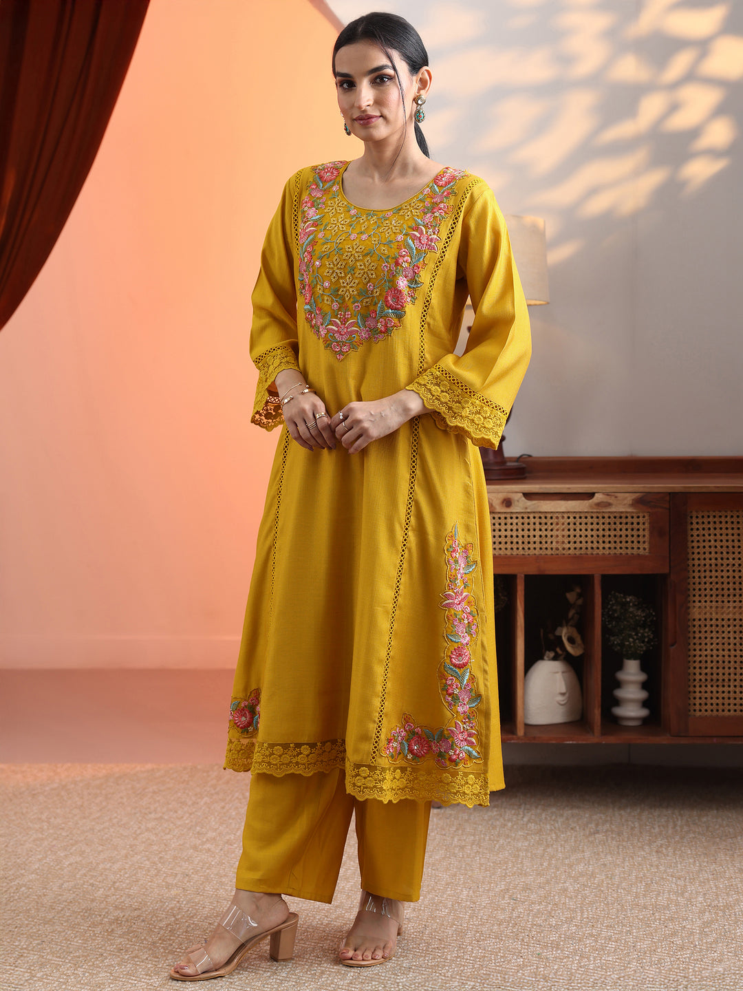 Mustard Embroidered Silk Blend Straight Suit Set With Dupatta