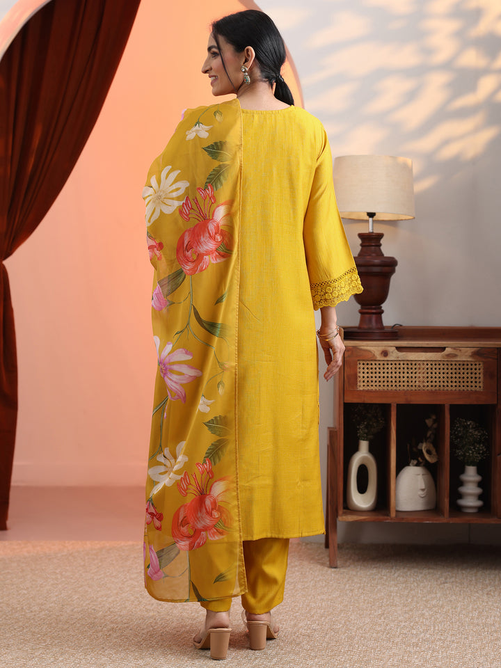 Mustard Embroidered Silk Blend Straight Suit Set With Dupatta