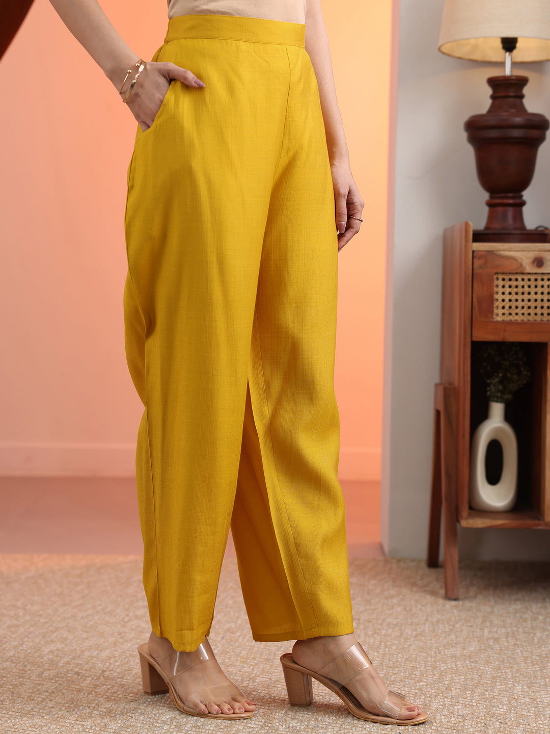 Mustard Embroidered Silk Blend Straight Suit Set With Dupatta