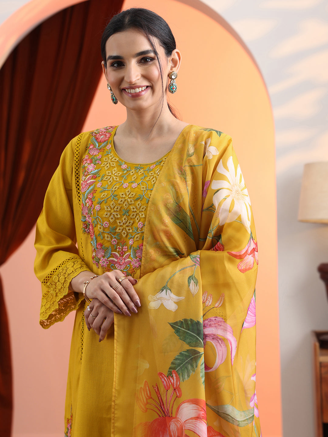 Mustard Embroidered Silk Blend Straight Suit Set With Dupatta