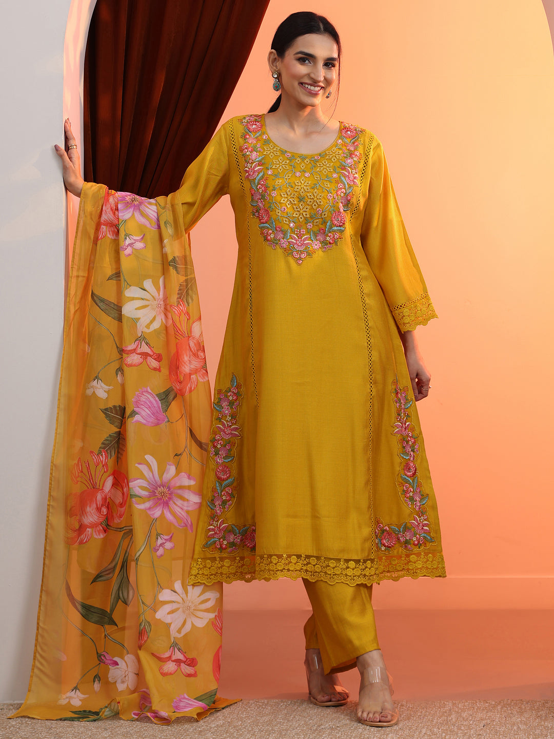 Mustard Embroidered Silk Blend Straight Suit Set With Dupatta