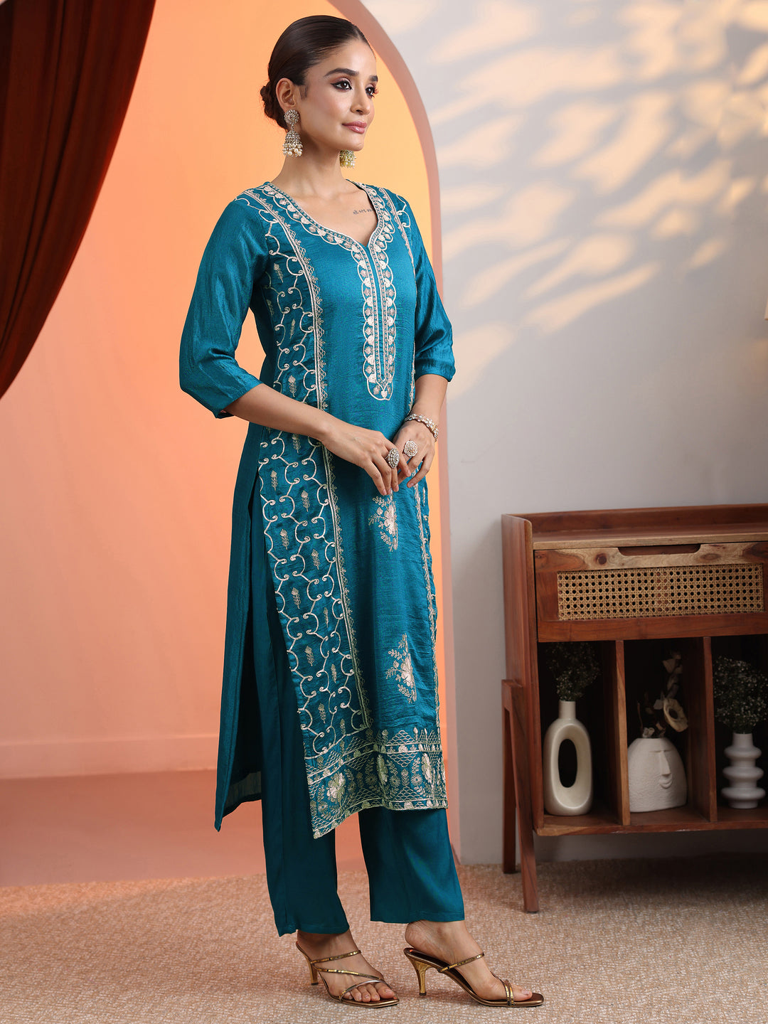 Blue Embellished Chinon Straight Suit Set With Dupatta