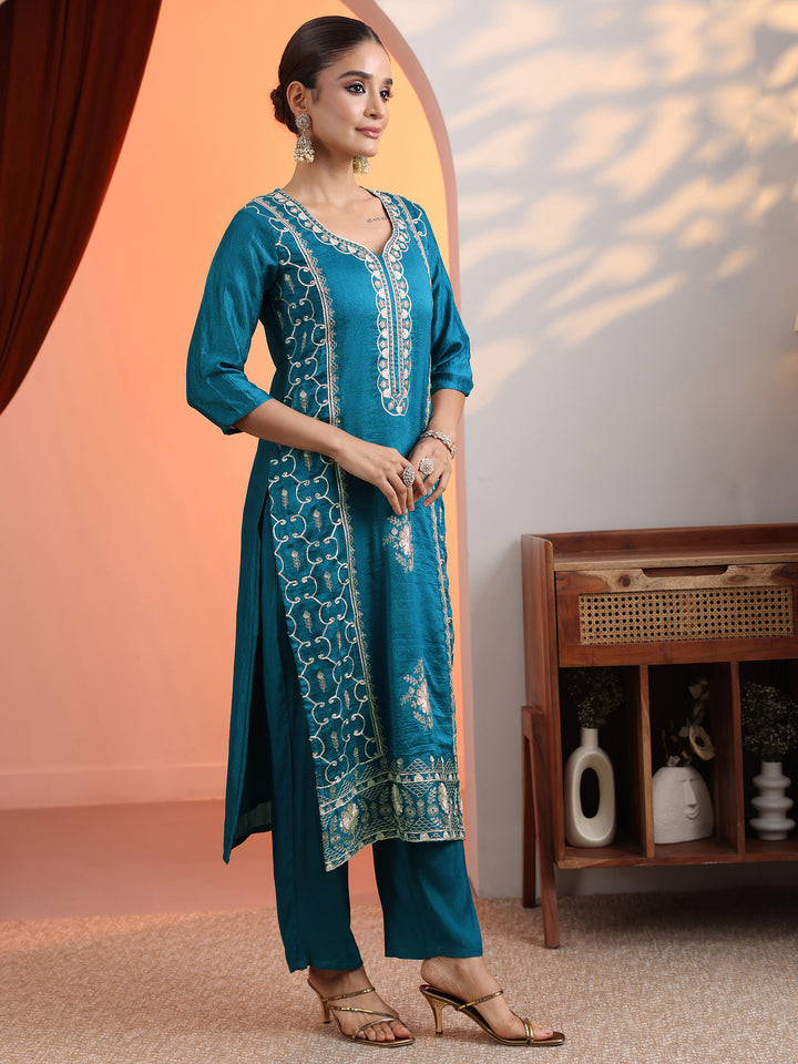 Blue Embellished Chinon Straight Suit Set With Dupatta