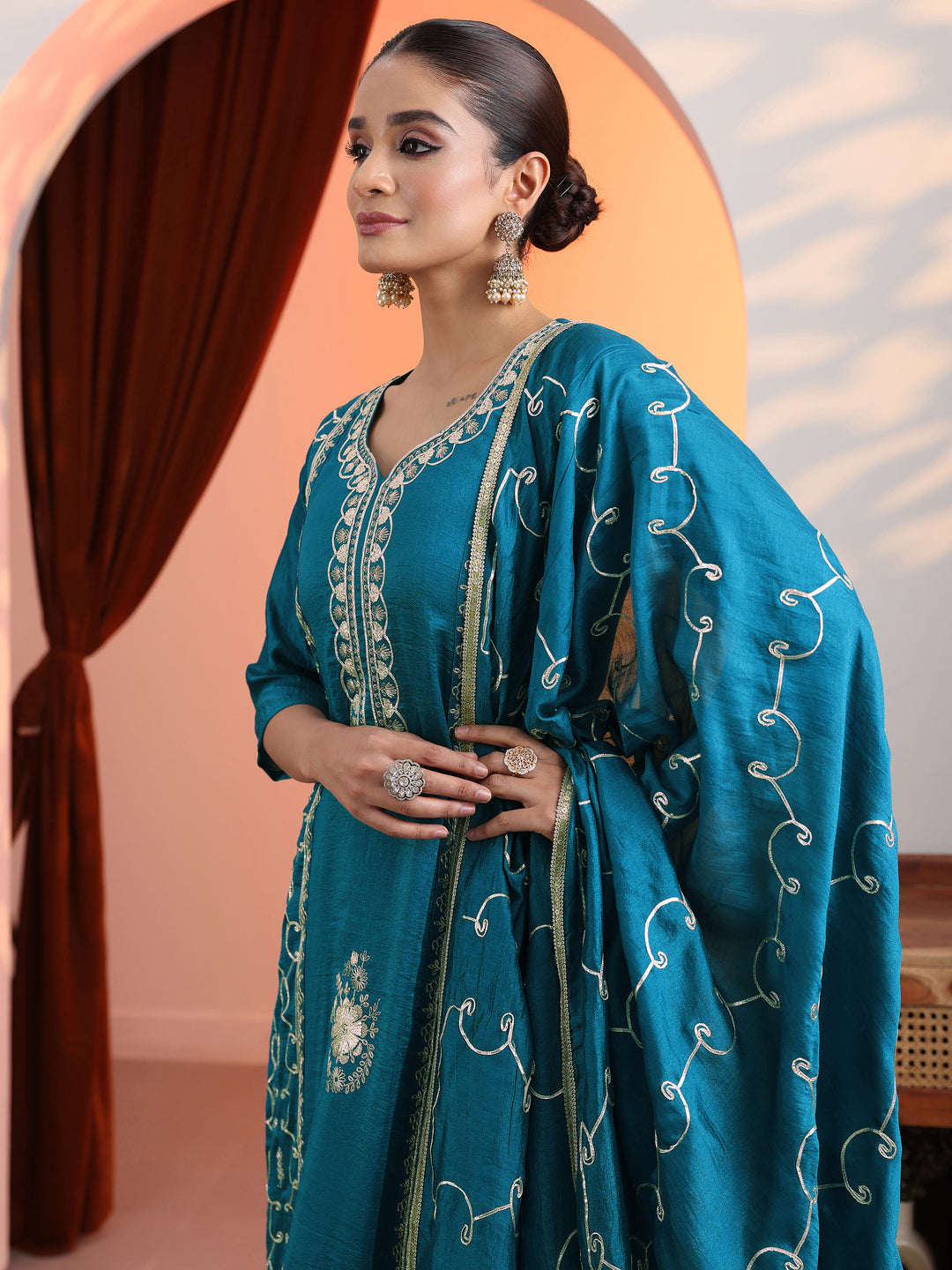 Blue Embellished Chinon Straight Suit Set With Dupatta