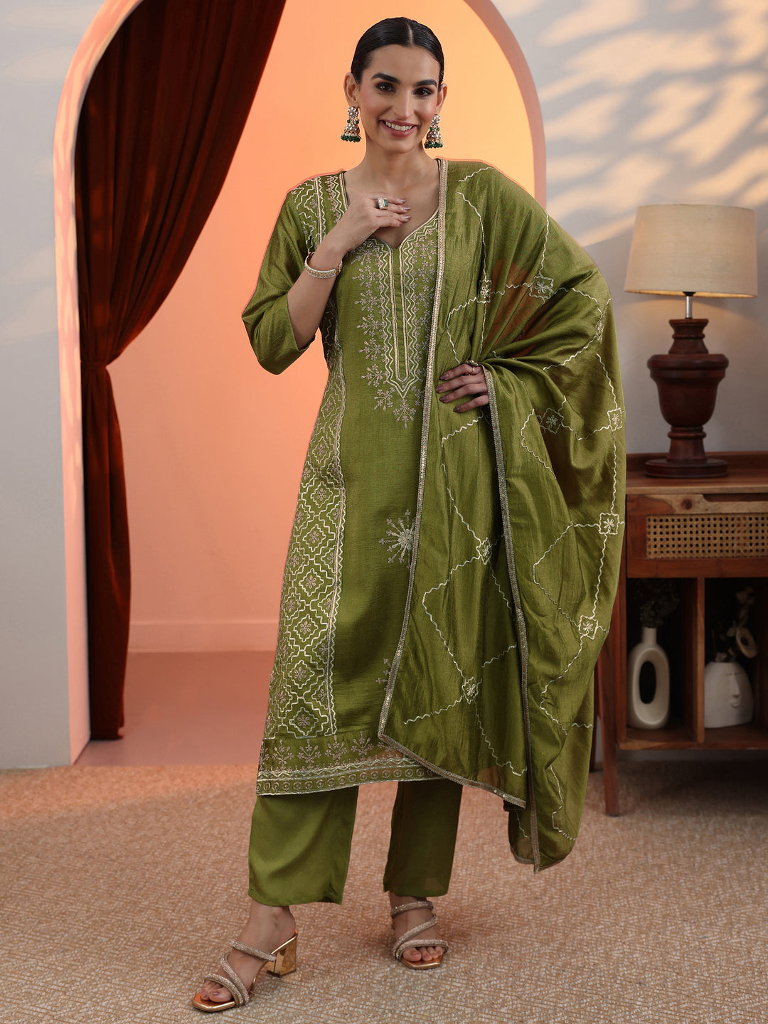 Green Embellished Chinon Straight Suit Set With Dupatta