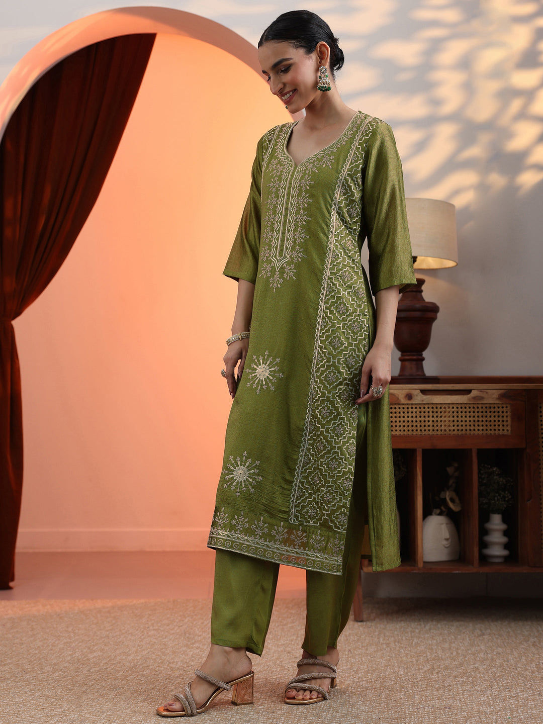 Green Embellished Chinon Straight Suit Set With Dupatta
