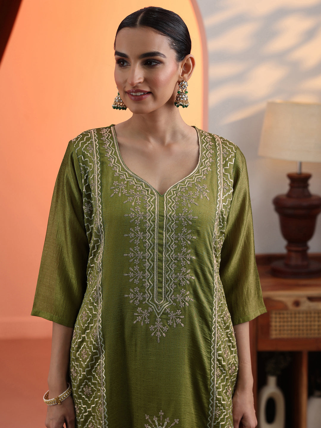 Green Embellished Chinon Straight Suit Set With Dupatta