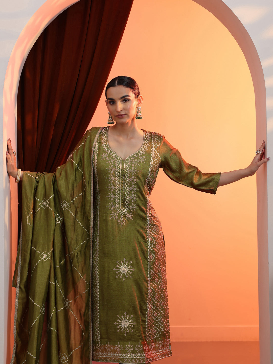 Green Embellished Chinon Straight Suit Set With Dupatta
