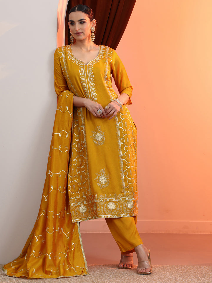 Mustard Embellished Chinon Straight Suit Set With Dupatta