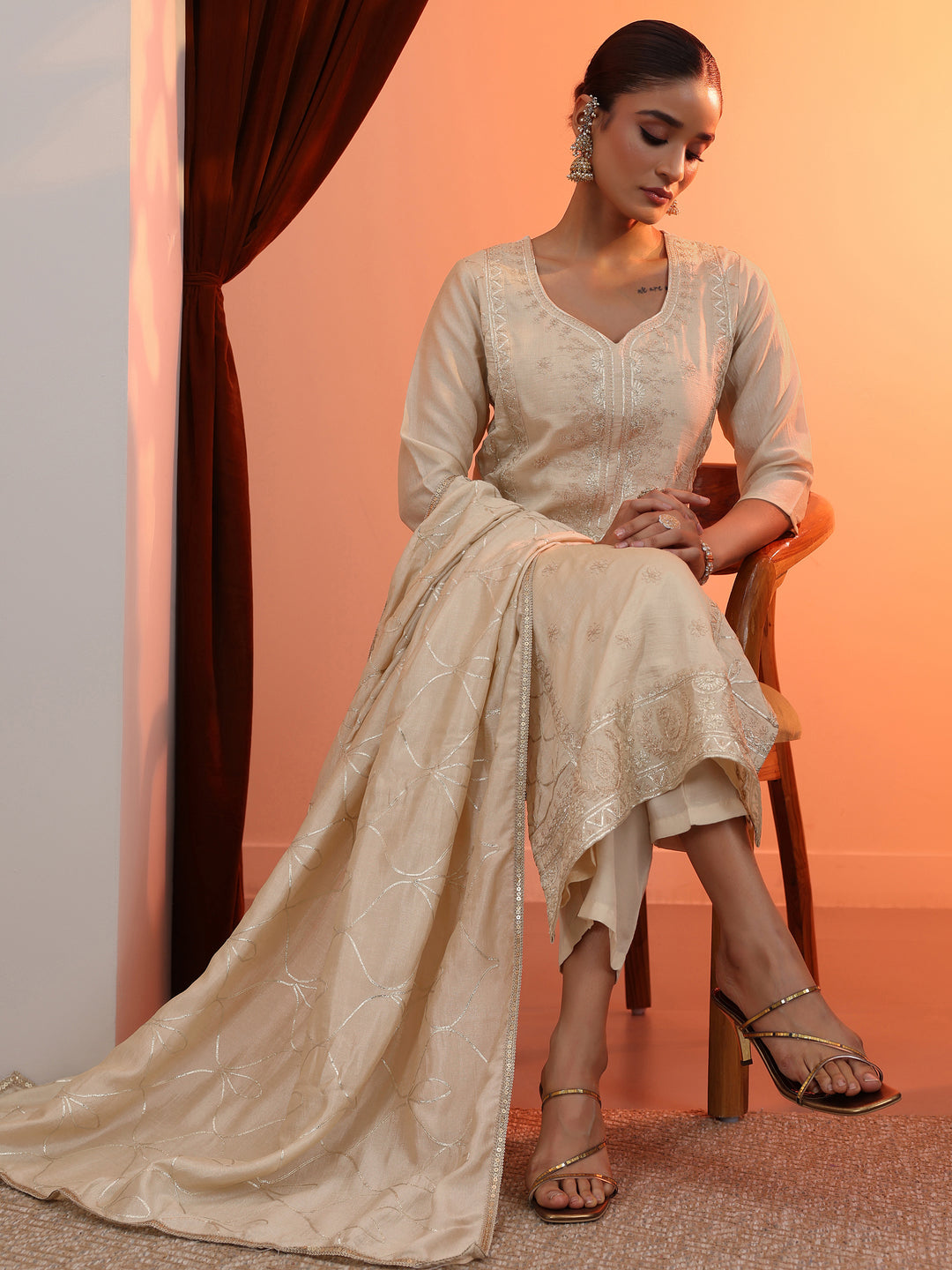 Cream Embroidered Chinon Straight Suit Set With Dupatta